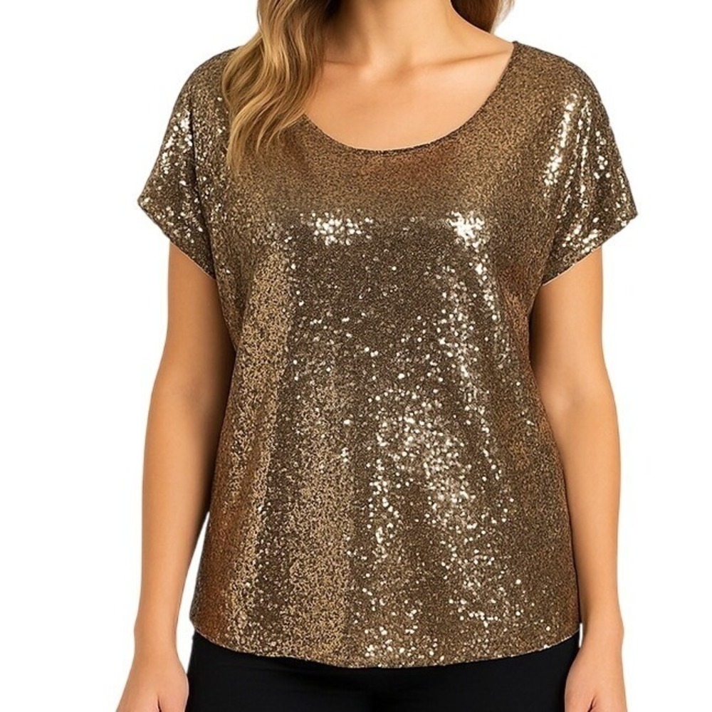 Boston Proper Sequin Top Women's S Gold Champagne Metallic Dolman Sleeve Party